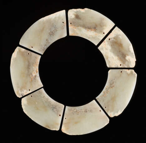 AN EXTREMELY RARE COMPOSITE DISC IN SEVEN SECTIONS CARVED FROM A BLOCK OF YELLOW-COLOURED JADE - фото 1