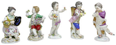 Porzellan Gruppe aus 5 Meissen Figuren aus verschiedenen Serien, Entwurf Johann Joachim Kaendler um 1750