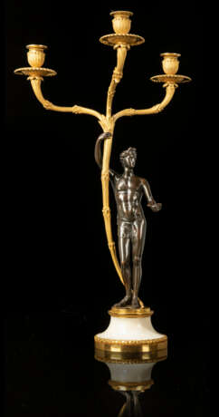 A PAIR OF GEORGE III ORMOLU, PATINATED-BRONZE AND WHITE MARBLE `APOLLO AND DIANA' CANDELABRA - фото 3