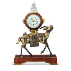 A FRENCH ORMOLU-MOUNTED LACQUER, BLANC-DE-CHINE PORCELAIN AND CHINESE BRONZE CLOCK