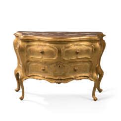 A NORTH ITALIAN GILTWOOD BOMBE COMMODE