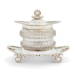A GEORGE III SILVER AND CUT-GLASS PRESERVE JAR, COVER AND STAND