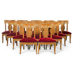 A SET OF FOURTEEN BURR-BIRCH AND PARCEL-GILT DINING-CHAIRS