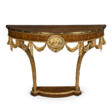 A PAIR OF GEORGE III GILT-BRASS MOUNTED HAREWOOD, SATINWOOD, AMARANTH, FRUITWOOD MARQUETRY, PAINTED AND GILTWOOD DEMI-LUNE CONSOLE TABLES - Auction archive
