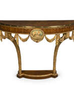 Mayhew & Ince. A PAIR OF GEORGE III GILT-BRASS MOUNTED HAREWOOD, SATINWOOD, AMARANTH, FRUITWOOD MARQUETRY, PAINTED AND GILTWOOD DEMI-LUNE CONSOLE TABLES