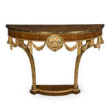A PAIR OF GEORGE III GILT-BRASS MOUNTED HAREWOOD, SATINWOOD, AMARANTH, FRUITWOOD MARQUETRY, PAINTED AND GILTWOOD DEMI-LUNE CONSOLE TABLES - photo 1