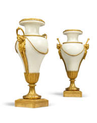 A PAIR OF RESTAURATION ORMOLU AND WHITE MARBLE VASES
