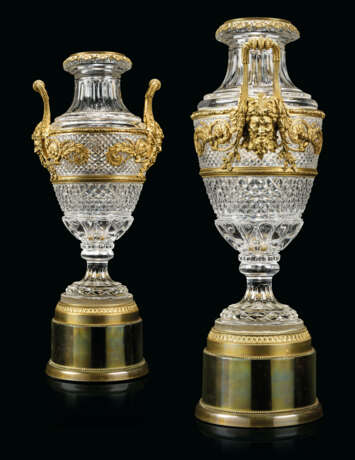 A PAIR OF LARGE FRENCH ORMOLU-MOUNTED CUT AND MOULDED-GLASS VASES - фото 1
