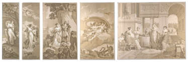 A SET OF FIVE FRENCH GRISAILLE WALLPAPER PANELS