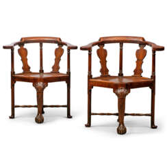 A PAIR OF CHINESE EXPORT PADOUK CORNER ARMCHAIRS