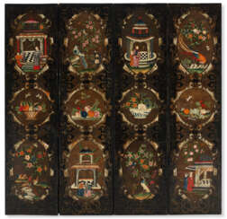 AN ANGLO-DUTCH PAINTED LEATHER FOUR-PANEL SCREEN