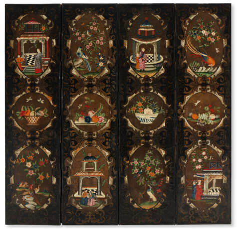 AN ANGLO-DUTCH PAINTED LEATHER FOUR-PANEL SCREEN - Foto 1