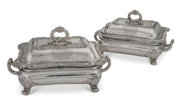 A PAIR OF REGENCY SILVER ENTREE DISHES AND COVERS AND SHEFFIELD-PLATED WARMING DISHES AND STANDS