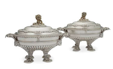 A PAIR OF GEORGE III PARCEL-GILT SILVER SAUCE TUREENS AND COVERS