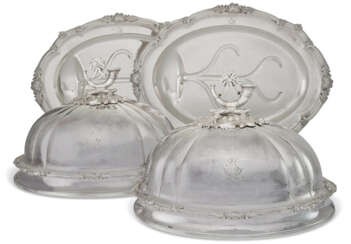 A PAIR OF VICTORIAN SILVER WELL-AND-TREE MEAT DISHES AND ASSOCIATED SILVER-PLATED DOMES