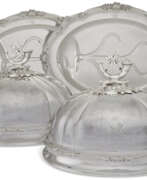 Edward Barnard and Sons. A PAIR OF VICTORIAN SILVER WELL-AND-TREE MEAT DISHES AND ASSOCIATED SILVER-PLATED DOMES