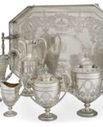 James Dixon & Sons. A VICTORIAN SILVER SIX-PIECE TEA AND COFFEE SERVICE AND ASSOCIATED TWO-HANDLED TRAY