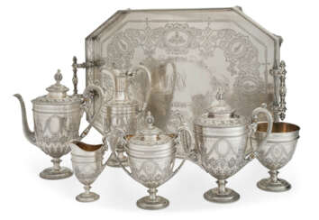 A VICTORIAN SILVER SIX-PIECE TEA AND COFFEE SERVICE AND ASSOCIATED TWO-HANDLED TRAY