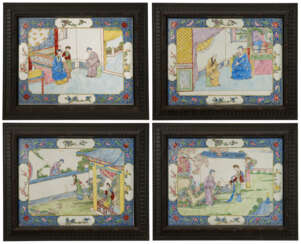 A SET OF FOUR CHINESE EXPORT 'CANTON ENAMEL' PLAQUES
