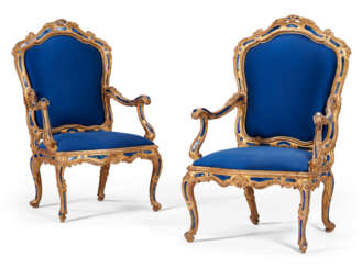 A PAIR OF NORTH ITALIAN GLASS-INSET GILTWOOD ARMCHAIRS