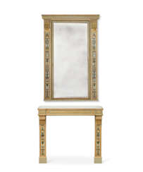 A NORTH ITALIAN POLYCHROME-DECORATED, CREAM-PAINTED AND PARCEL-GILT MIRROR AND A MATCHING FIREPLACE SURROUND