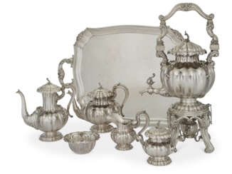 AN ITALIAN SILVER SEVEN-PIECE TEA AND COFFEE SERVICE AND TWO-HANDLED TRAY