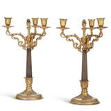 A PAIR OF ITALIAN SILVER-GILT AND AGATE THREE-LIGHT CANDELABRA - фото 1