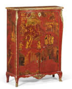 Secretary desk. A LOUIS XV ORMOLU-MOUNTED, RED LACQUER AND PARCEL-GILT SECRETAIRE A ABATTANT