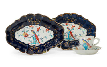 A PAIR OF WORCESTER PORCELAIN BLUE-GROUND LOZENGE-SHAPED DISHES AND A CUP AND SAUCER