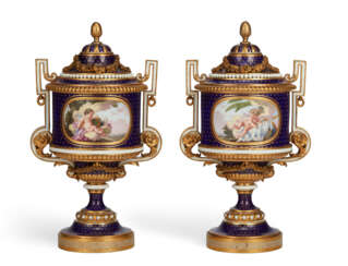 A PAIR OF SEVRES PORCELAIN BEAU BLEU VASES AND COVERS (VASES FONTANIEU OR VASES CYLINDRE A ANSE), FORMERLY IN THE ROTHSCHILD COLLECTION