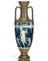 A MINTONS PORCELAIN PATE-SUR-PATE PEACOCK-BLUE VASE