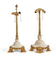 TWO AMERICAN ORMOLU AND WHITE MARBLE LAMPS