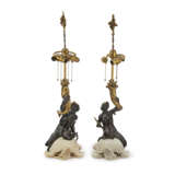 A PAIR OF AMERICAN GILT, PATINATED-BRONZE AND MARBLE FIGURAL TABLE LAMPS - photo 1