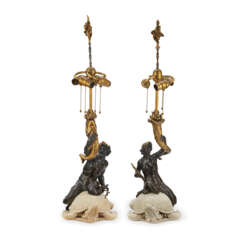 A PAIR OF AMERICAN GILT, PATINATED-BRONZE AND MARBLE FIGURAL TABLE LAMPS