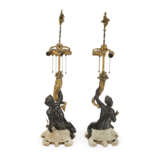 A PAIR OF AMERICAN GILT, PATINATED-BRONZE AND MARBLE FIGURAL TABLE LAMPS - photo 3