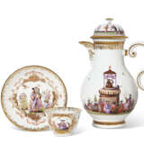 A MEISSEN PORCELAIN CHINOISERIE COFFEE-POT, A COVER AND A TEABOWL AND SAUCER - photo 1