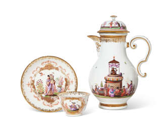 A MEISSEN PORCELAIN CHINOISERIE COFFEE-POT, A COVER AND A TEABOWL AND SAUCER