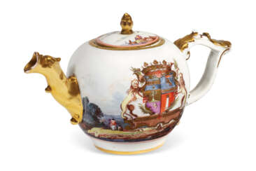 A MEISSEN PORCELAIN ARMORIAL TEAPOT FROM THE 'CAMPOFLORIDO' SERVICE AND A COVER