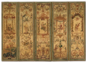 A SET OF FIVE GOBELINS TAPESTRY PANELS FROM THE SERIES 'LES DOUZE MOIS GROTESQUES'