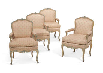 A SET OF FOUR LOUIS XV GREY AND BLUE-PAINTED FAUTEUILS