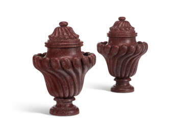 A PAIR OF ITALIAN PORPHYRY VASES AND COVERS