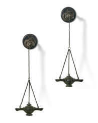 A PAIR OF ITALIAN PATINATED BRONZE HANGING OIL LANTERNS
