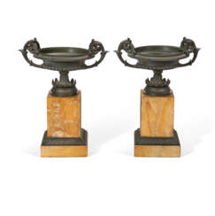A PAIR OF ITALIAN BRONZE AND GIALLO ANTICO MARBLE TAZZE