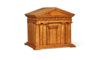 A GEORGE IV BIRD'S EYE MAPLE MEDAL CABINET IN THE FORM OF A GREEK TEMPLE