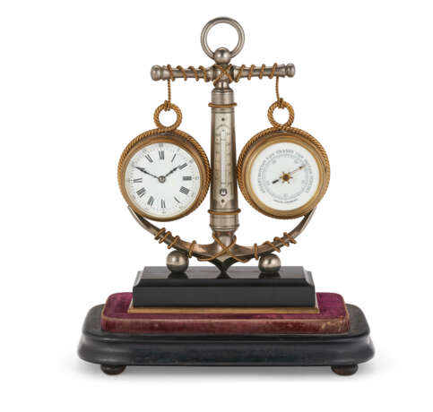 A GILT AND SILVERED-BRONZE ANCHOR-FORM CLOCK, BAROMETER AND THERMOMETER - фото 1