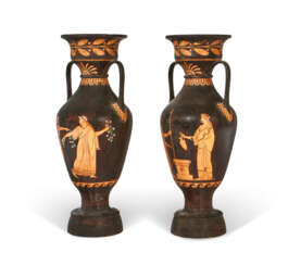 A PAIR OF CAST-IRON TWIN-HANDLED VASES