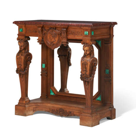 A FRENCH MALACHITE-INSET CARVED WALNUT CONSOLE TABLE - фото 1