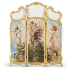 A FRENCH GILTWOOD, GLASS AND PAINTED THREE-PANELED SCREEN