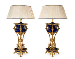 A PAIR OF FRENCH ORMOLU-MOUNTED 'BLEU LAPIS' SEVRES-STYLE PORCELAIN VASES, NOW MOUNTED AS LAMPS