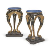 A PAIR OF GILT AND PATINATED METAL, FAUX LAPIS LAZULI-PAINTED TRIPOD PEDESTALS - photo 1